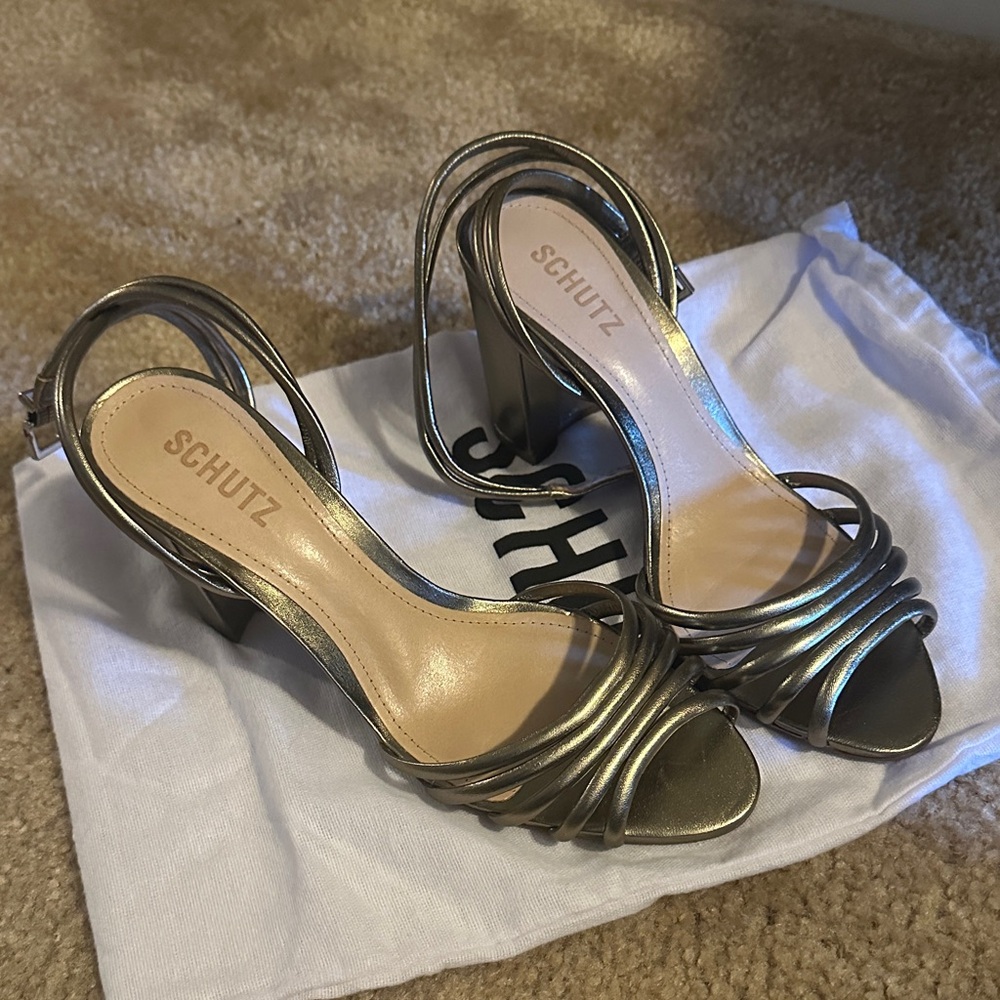 SCHUTZ Metallic Silver Strappy Heels